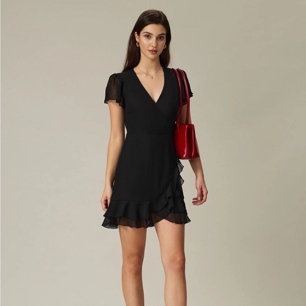 RIHOAS Black V Neck Chiffon Mini Dress S